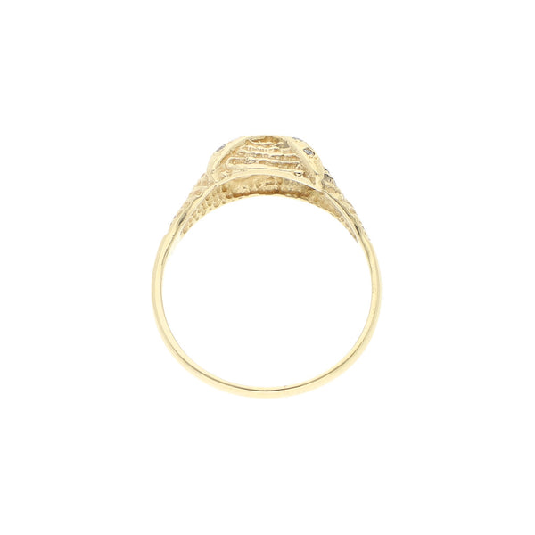Anillo labrado motivo búho con sintéticos en oro amarillo 14 kilates.