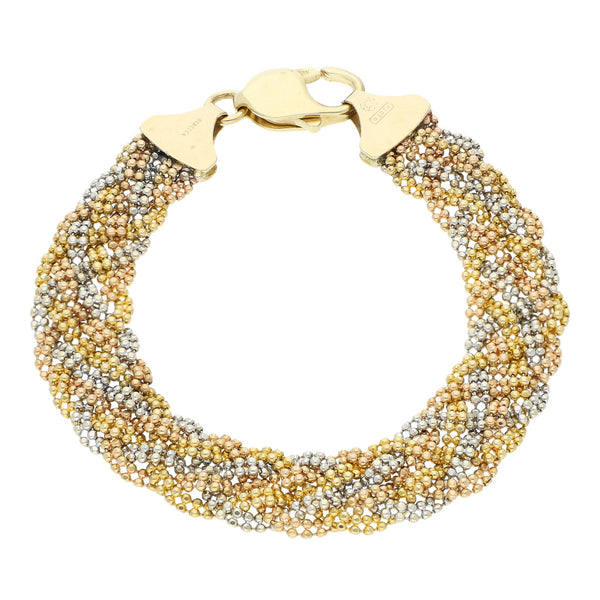 Pulsera eslabón trenzado en oro tres tonos 14 kilates.