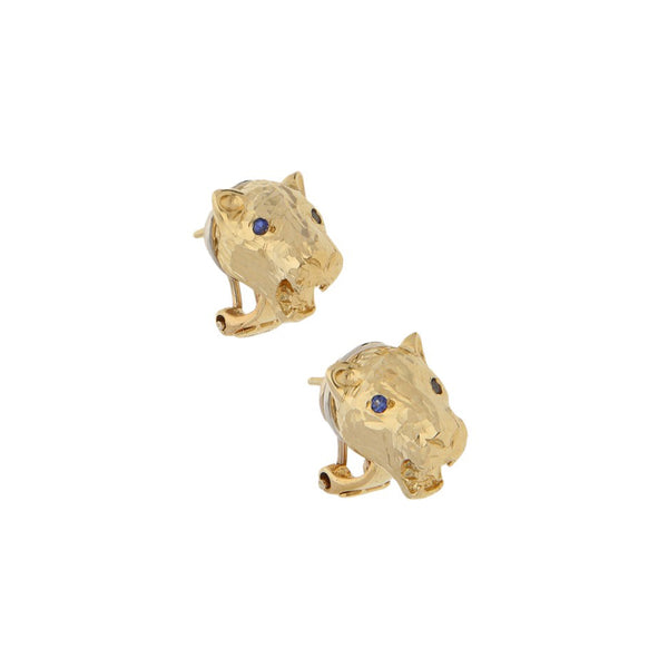 Aretes diseño especial motivo felino con sintéticos en oro dos tonos 14 kilates.