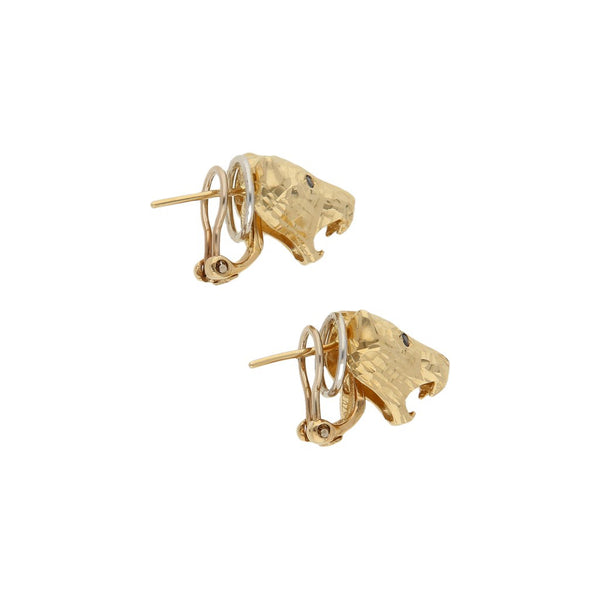 Aretes diseño especial motivo felino con sintéticos en oro dos tonos 14 kilates.