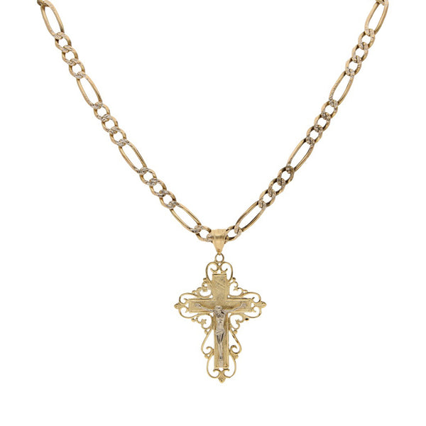 Collar de tres eslabones por uno y crucifijo diseño especial en oro dos tonos 14 kilates.