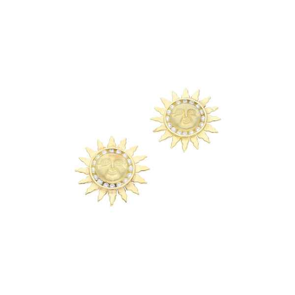 Aretes laminados motivo sol con circonias en oro amarillo 12 kilates.