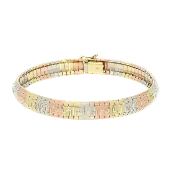 Pulsera eslabón laminado en oro tres tonos 14 kilates.