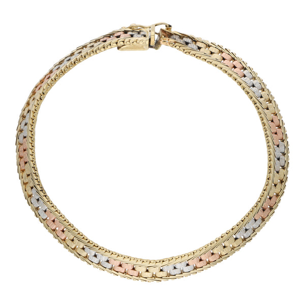 Pulsera eslabón boleado en oro tres tonos 14 kilates.