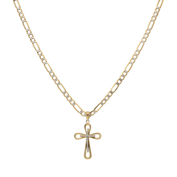 Collar de tres eslabones por uno platinados y cruz diseño especial con sintéticos en oro amarillo 14 kilates.