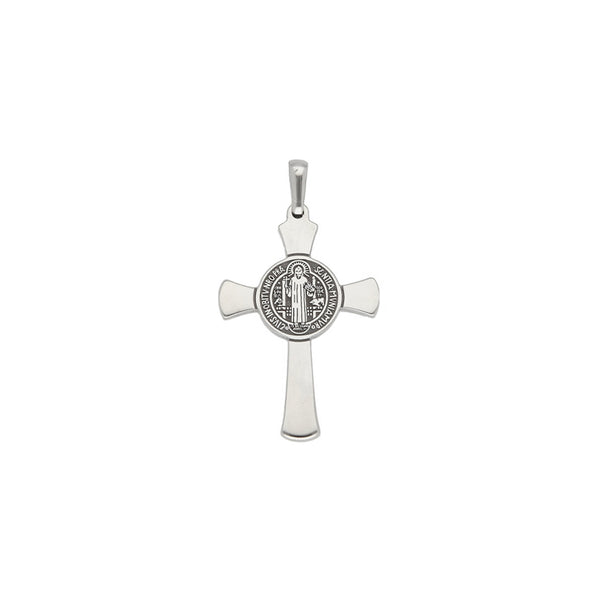 Cruz diseño especial motivo San Benito en oro blanco 14 kilates.