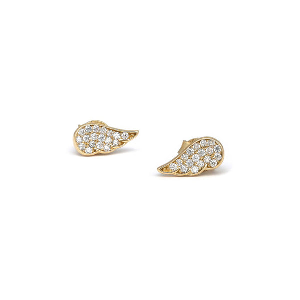 Aretes diseño especial motivo alas con circonias en oro amarillo 14 kilates.