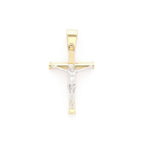 Crucifijo liso en oro dos tonos 14 kilates.