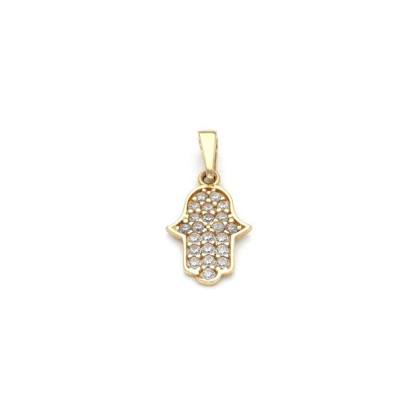 Dije diseño especial motivo mano de Fátima con circonias en oro amarillo 14 kilates.