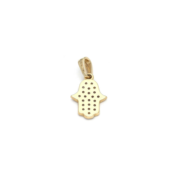 Dije diseño especial motivo mano de Fátima con circonias en oro amarillo 14 kilates.