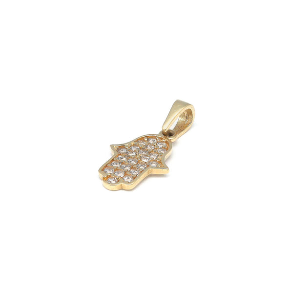 Dije diseño especial motivo mano de Fátima con circonias en oro amarillo 14 kilates.