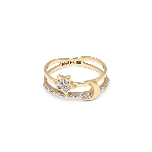 Anillo diseño especial motivo luna y estrella con circonias en oro amarillo 14 kilates.