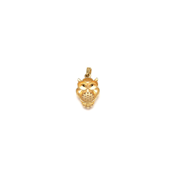 Dije diseño especial motivo búho con circonias en oro amarillo 14 kilates.