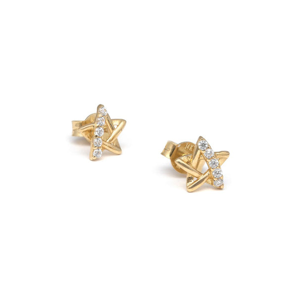 Aretes calados motivo estrellas con circonias en oro amarillo 14 kilates.