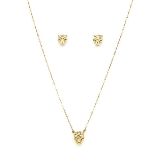 Juego de gargantilla eslabón cruzado dije y aretes calados motivo felino con esmalte en oro amarillo 14 kilates.