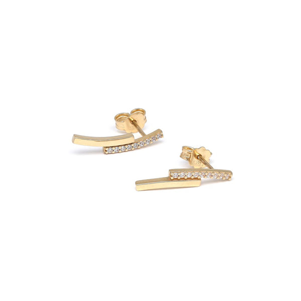 Aretes estilizados con circonias en oro amarillo 14 kilates.