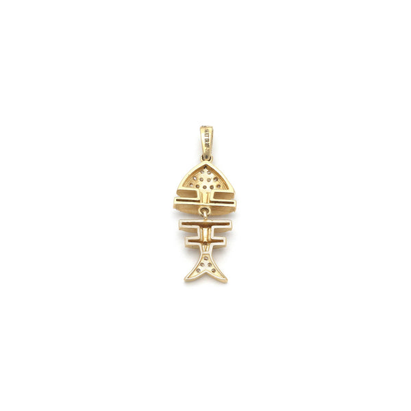 Dije articulado motivo pez con circonias en oro amarillo 14 kilates.