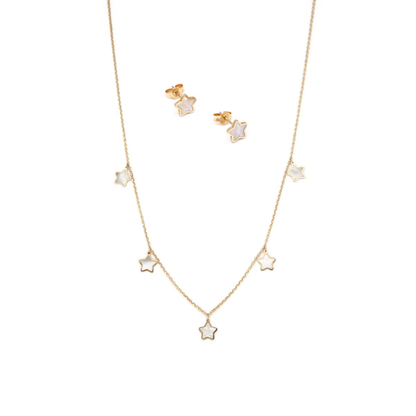 Juego de gargantilla eslabón cruzado y aretes con colgantes motivo estrellas de madreperla en oro amarillo 14 kilates.