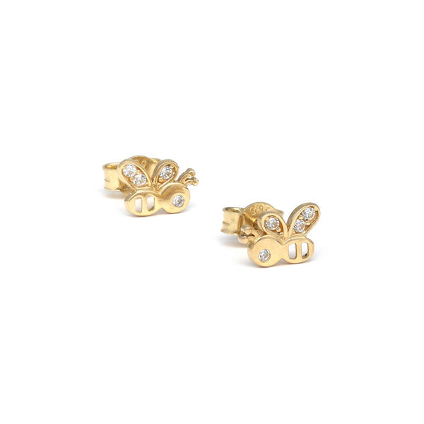 Aretes diseño especial motivo abeja con circonias en oro amarillo 14 kilates.