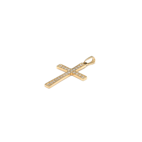 Cruz diseño especial con circonias en oro amarillo 14 kilates.
