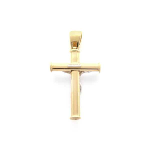 Crucifijo tubular en oro dos tonos 14 kilates.