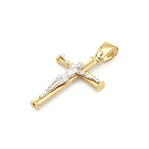 Crucifijo tubular en oro dos tonos 14 kilates.