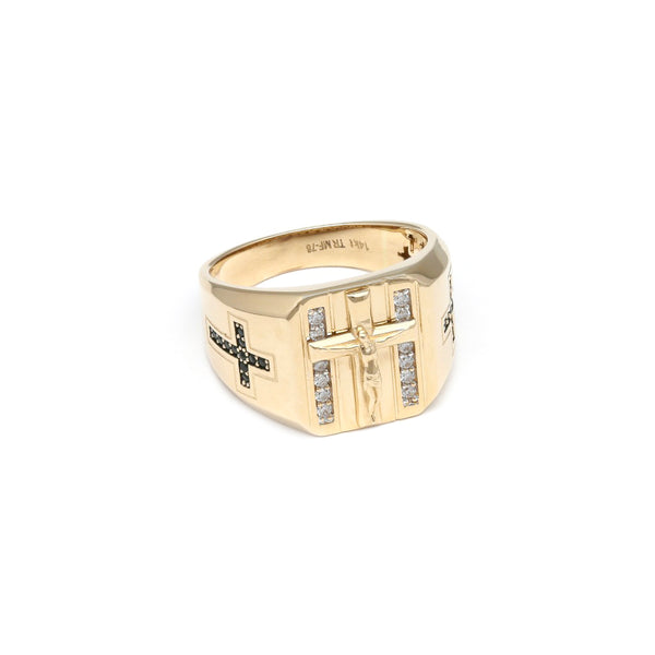 Anillo tipo sello motivo crucifijo con circonias en oro amarillo 14 kilates.