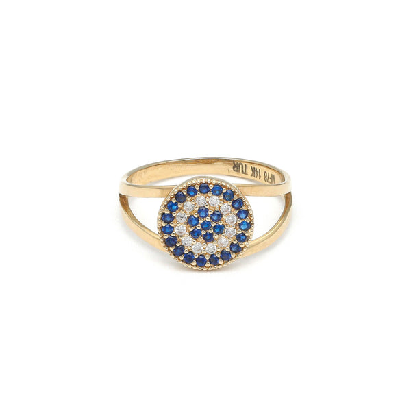 Anillo diseño especial con sintéticos en oro amarillo 14 kilates.
