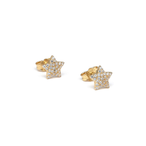 Aretes diseño especial motivo estrella con circonias en oro amarillo 14 kilates.