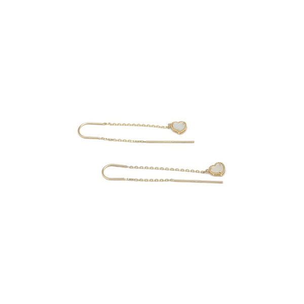Aretes diseño especial con colgantes motivo corazón y madre perla en oro amarillo 14 kilates.