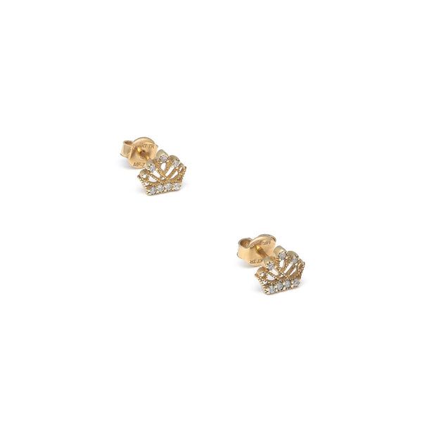 Aretes calados motivo corona con circonias en oro amarillo 14 kilates.