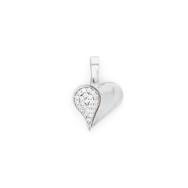 Dije articulado motivo corazón con circonias en oro blanco 14 kilates.