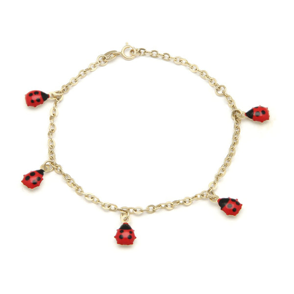 Pulsera eslabón cruzado con colgantes motivo catarinas con esmalte en oro amarillo 14 kilates.