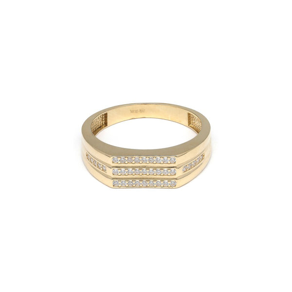 Anillo tipo sello con circonias en oro amarillo 14 kilates.