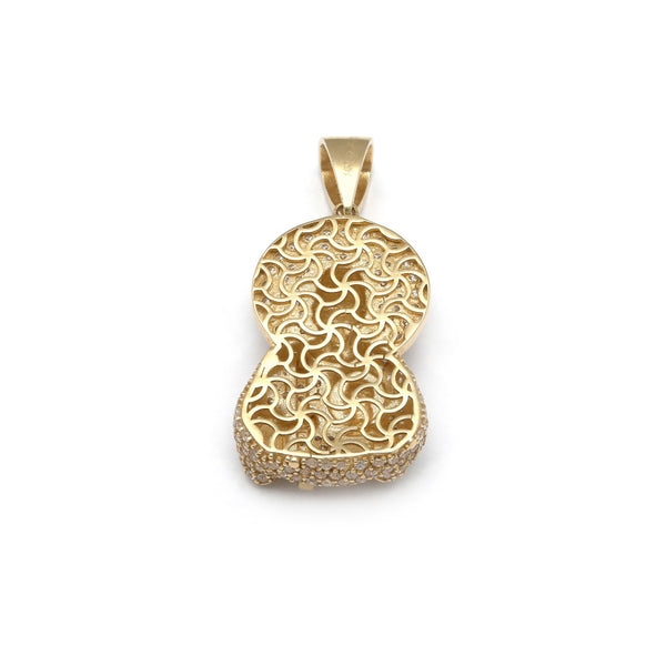 Medalla diseño especial motivo San Judas Tadeo con circonias en oro amarillo 14 kilates.