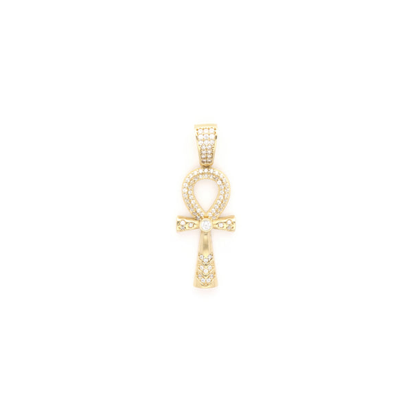 Cruz egipcia diseño especial con circonias en oro amarillo 14 kilates.