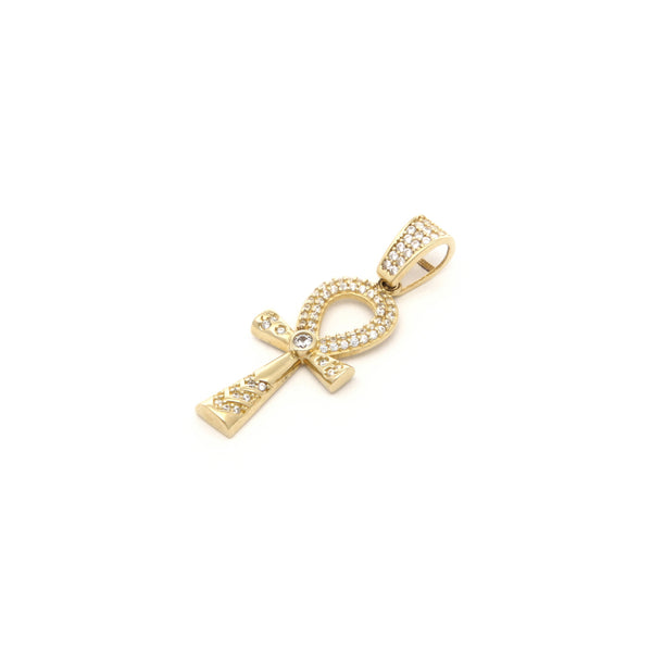 Cruz egipcia diseño especial con circonias en oro amarillo 14 kilates.
