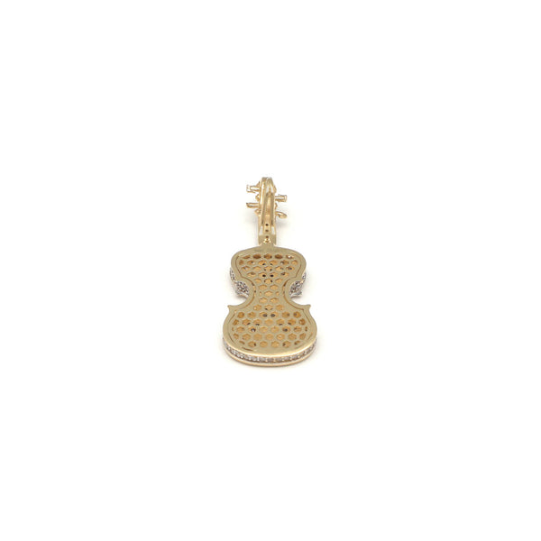 Dije hueco motivo violín con sintéticos en oro amarillo 14 kilates.