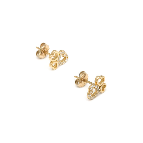 Aretes diseño especial motivo corazones y circonias en oro amarillo 14 kilates.