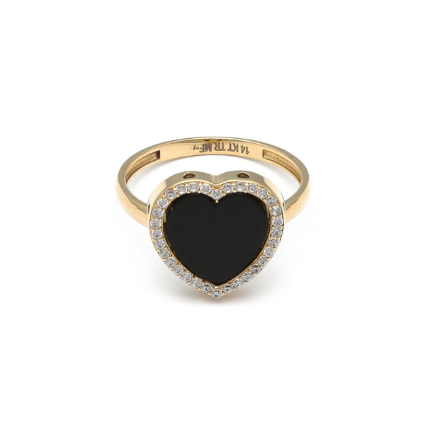 Anillo diseño especial motivo corazón con sintéticos en oro amarillo 14 kilates.