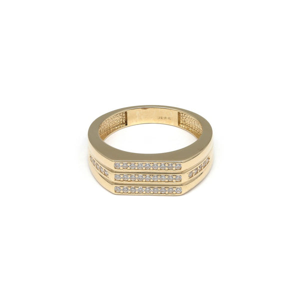 Anillo tipo sello con circonias en oro amarillo 14 kilates.