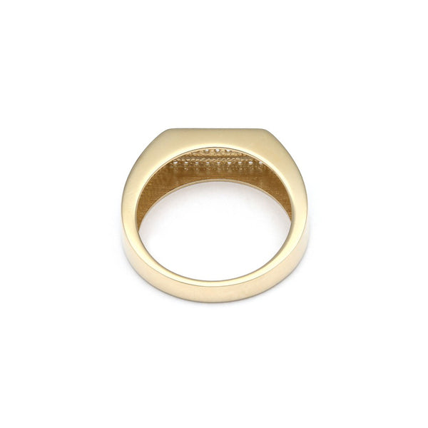 Anillo tipo sello con circonias en oro amarillo 14 kilates.