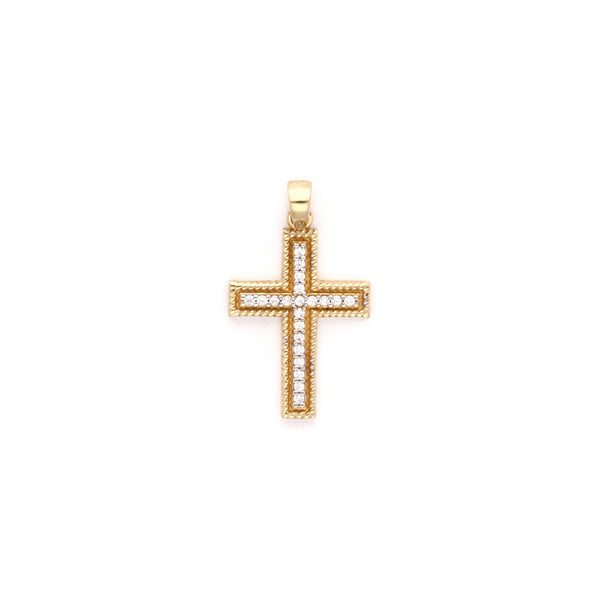 Cruz diseño especial con circonias en oro amarillo 14 kilates.