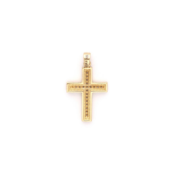 Cruz diseño especial con circonias en oro amarillo 14 kilates.