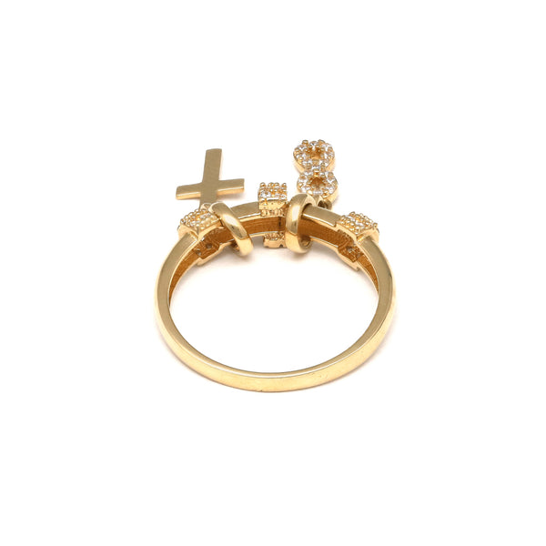 Anillo diseño especial con colgantes motivo infinito y cruz con circonias en oro amarillo 14 kilates.