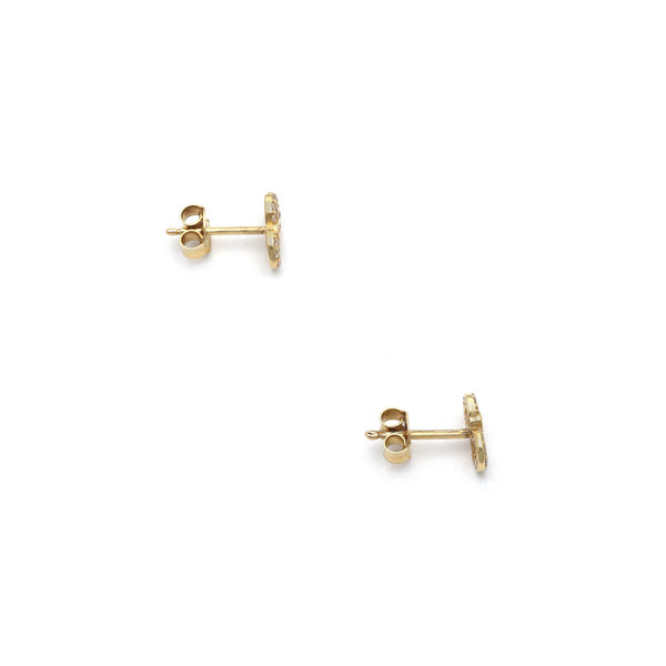 Aretes diseño especial motivo infinito con circonias en oro amarillo 14 kilates.