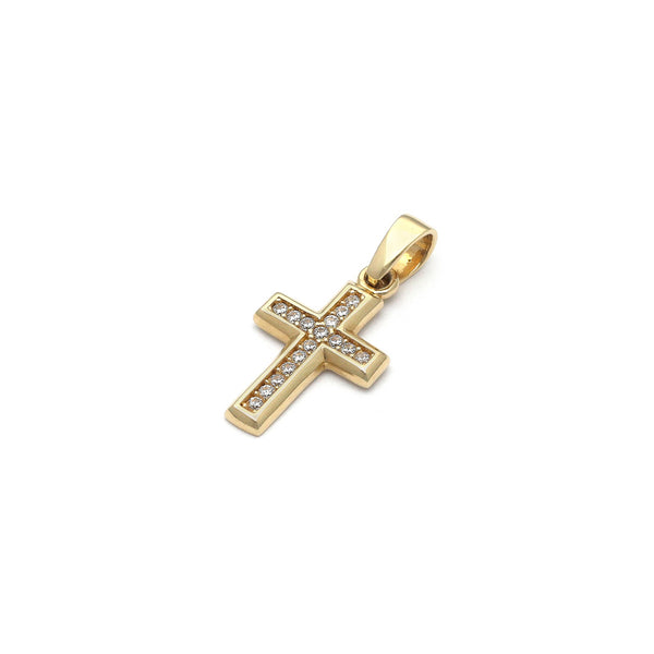 Cruz diseño especial con circonias en oro amarillo 14 kilates.