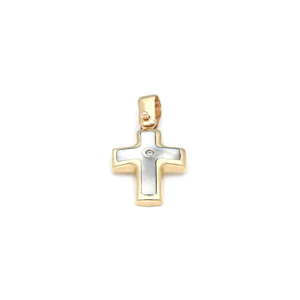 Cruz diseño especial con madre perla y circonias en oro amarillo 14 kilates.