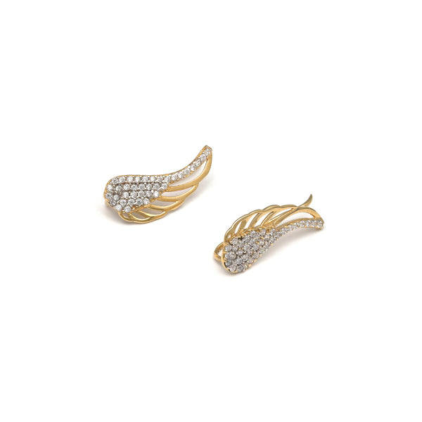Aretes calados motivo alas con circonias en oro amarillo 14 kilates.