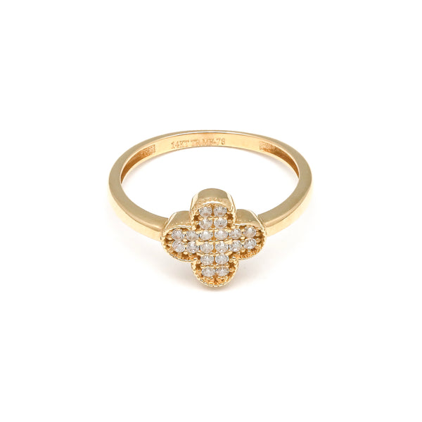 Anillo diseño especial motivo flor con circonias en oro amarillo 14 kilates.